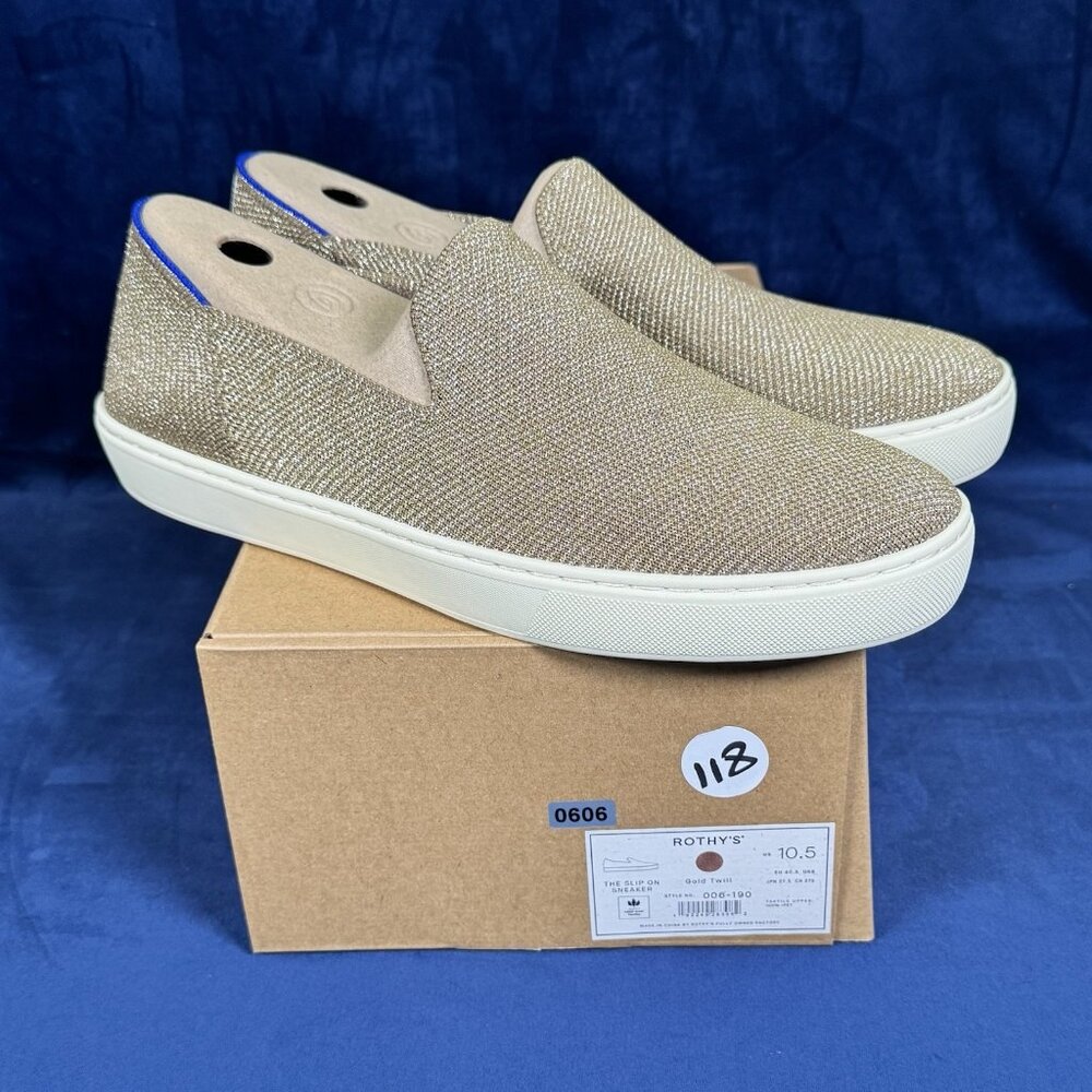 NIB Women's 10.5 Rothy’s The Original Slip On Sneaker Gold Twill 0610/0606